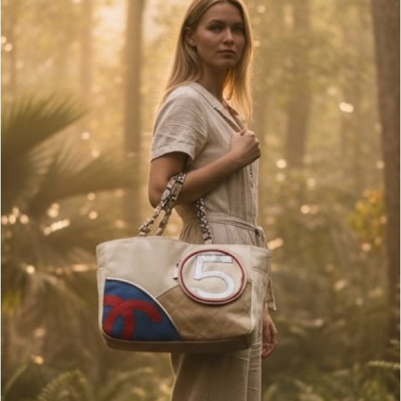 Chanel Canvas Handbags - Authentic CHANEL Off-white Canvas CC No.5 Chain Shoulder Tote Bag